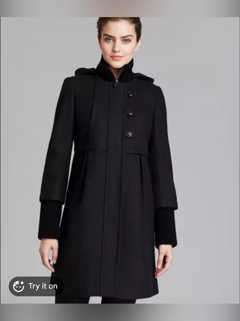 DKNY Black Wool Blend Hooded Empire Waist Coat Sz 12 Womens